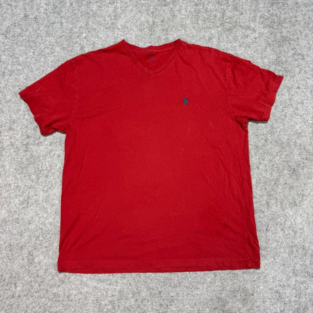 Polo Ralph Lauren Mens Red V-Neck T-Shirt Teal Pony Logo Size Medium